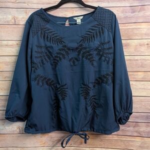 Women's Navy Blue Embroidered Top By Bass. Sz M